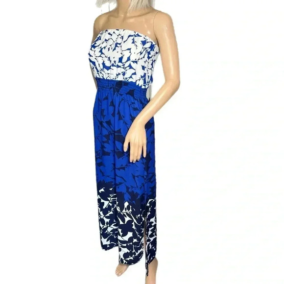 AQUA Blue Navy Floral Long Strapless Boho Slit Maxi Dress Smocked Size XS - Picture 2 of 10
